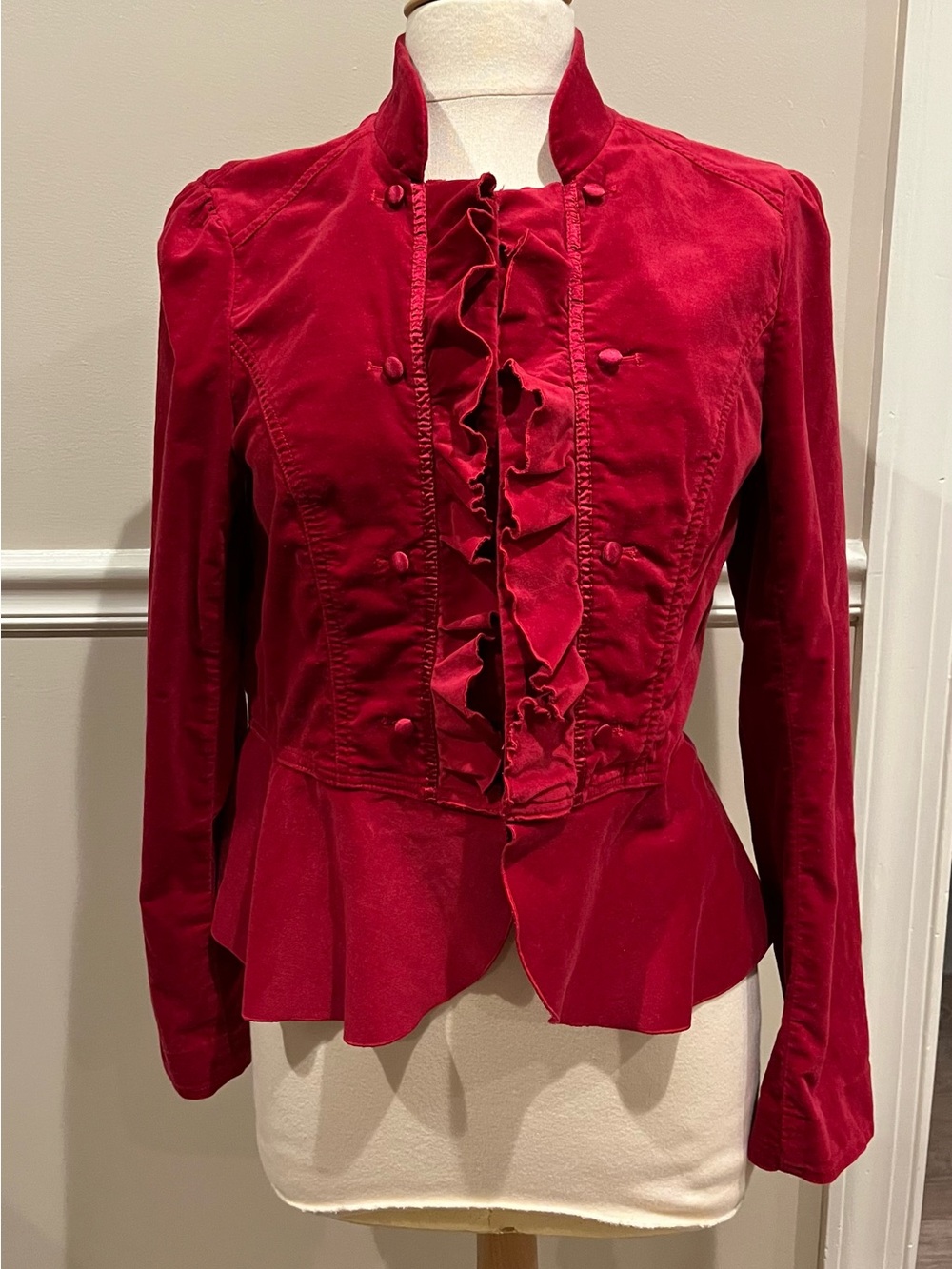 White House Black Market Red Velvet Ruffle Peplum Blazer